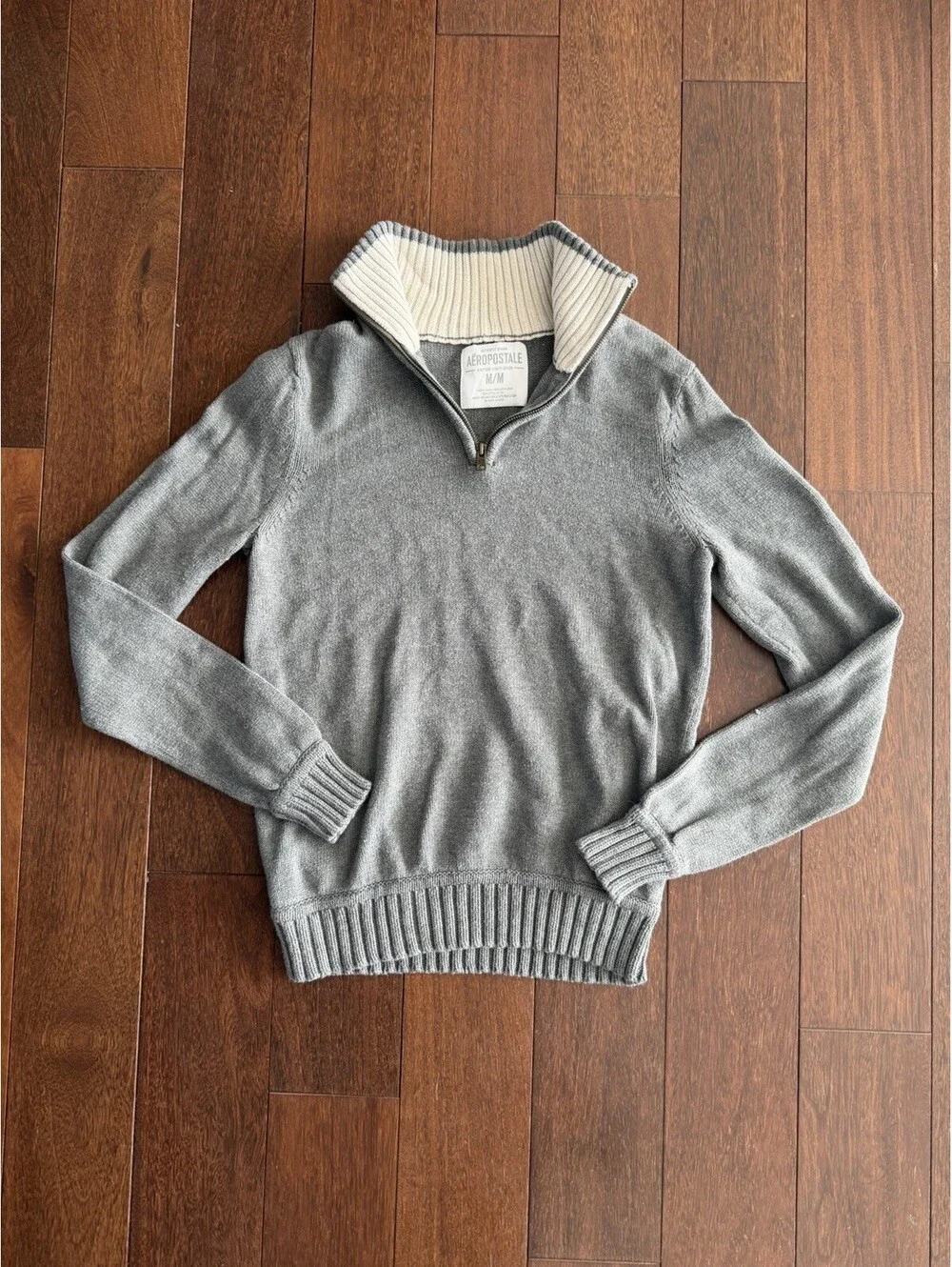 Aéropostale Men’s Gray 1/4 Zip Sweater Medium Ribbed Mock Neck Pullover Preppy ￼
